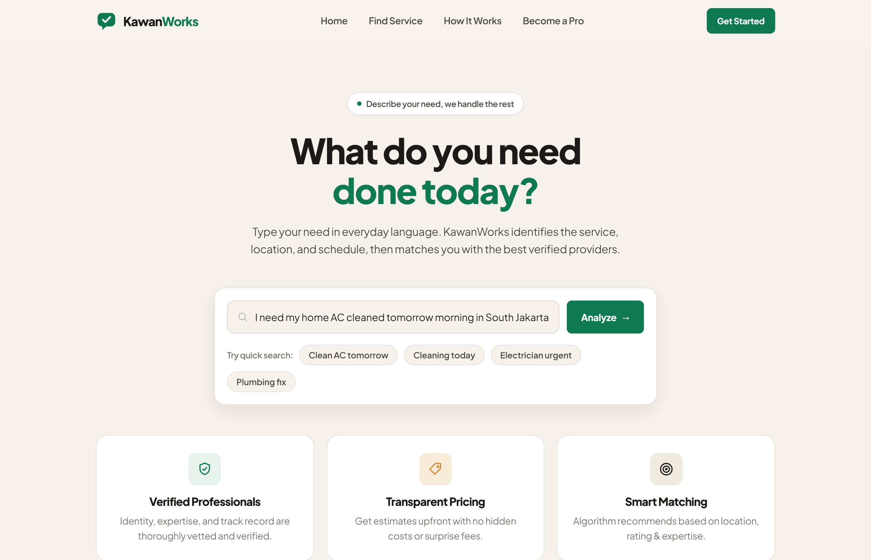 KawanWorks search screen where a customer types a home service request in plain language