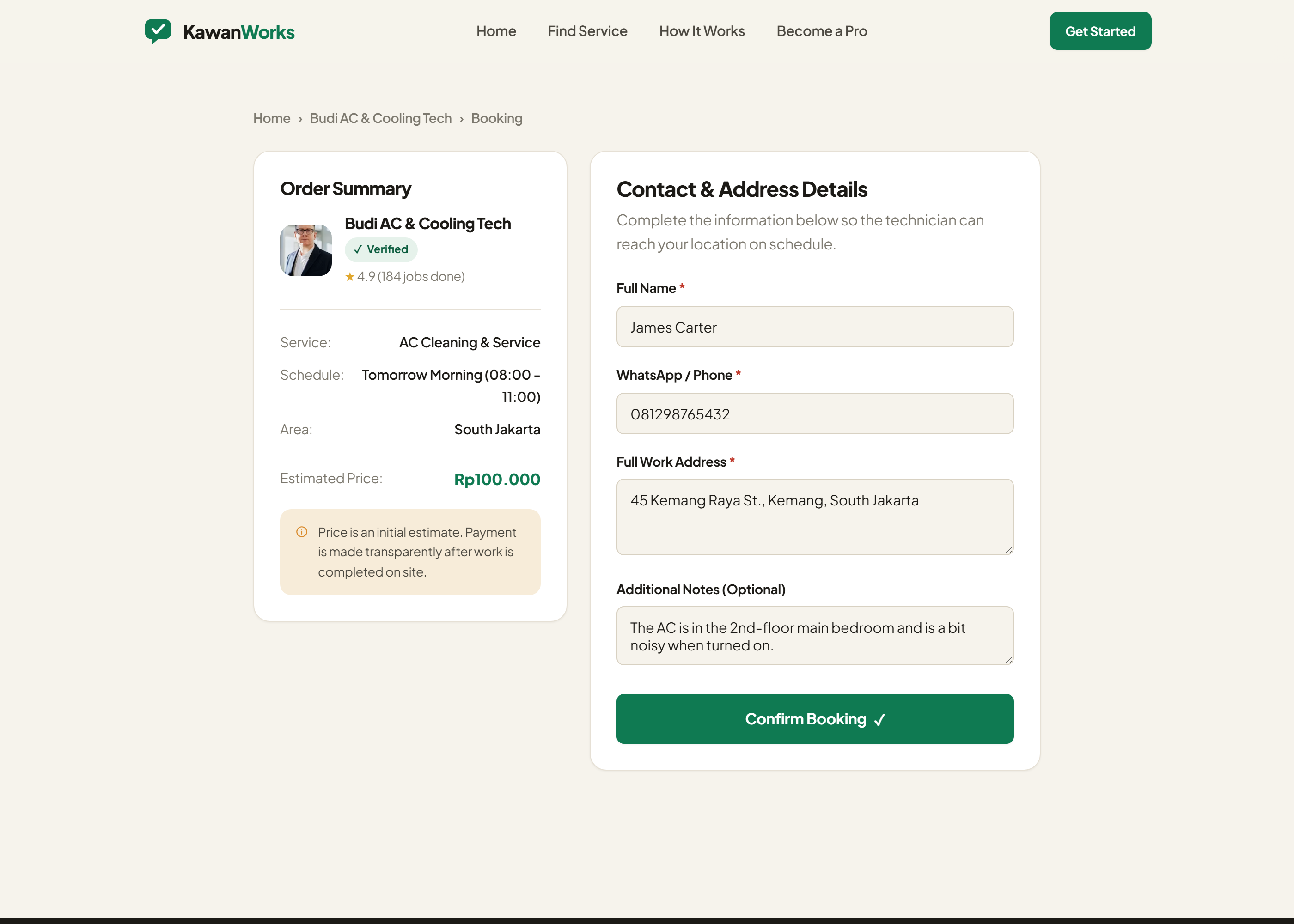 Booking form with order summary and contact fields