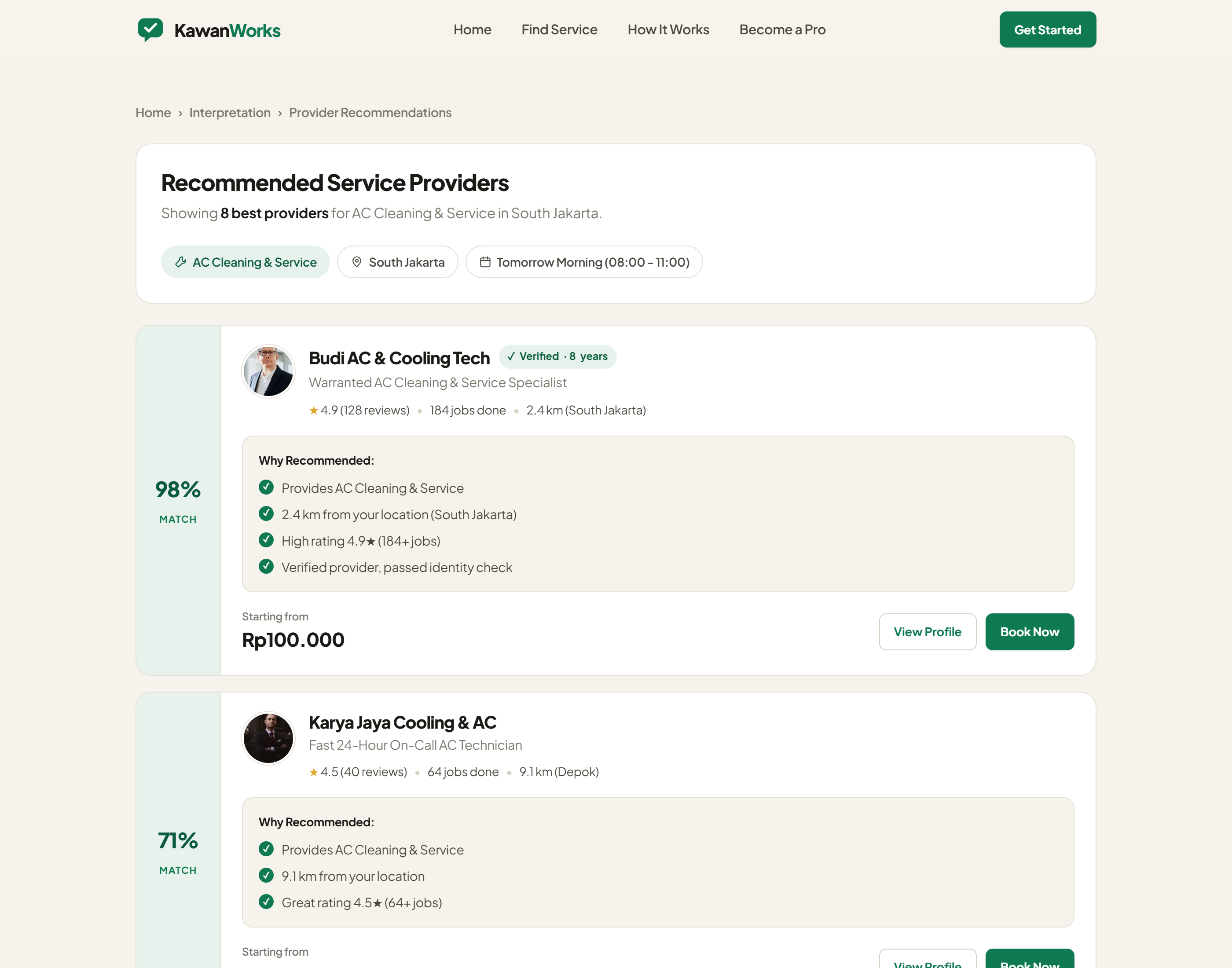 Ranked list of providers with match percentages and reasons for each recommendation