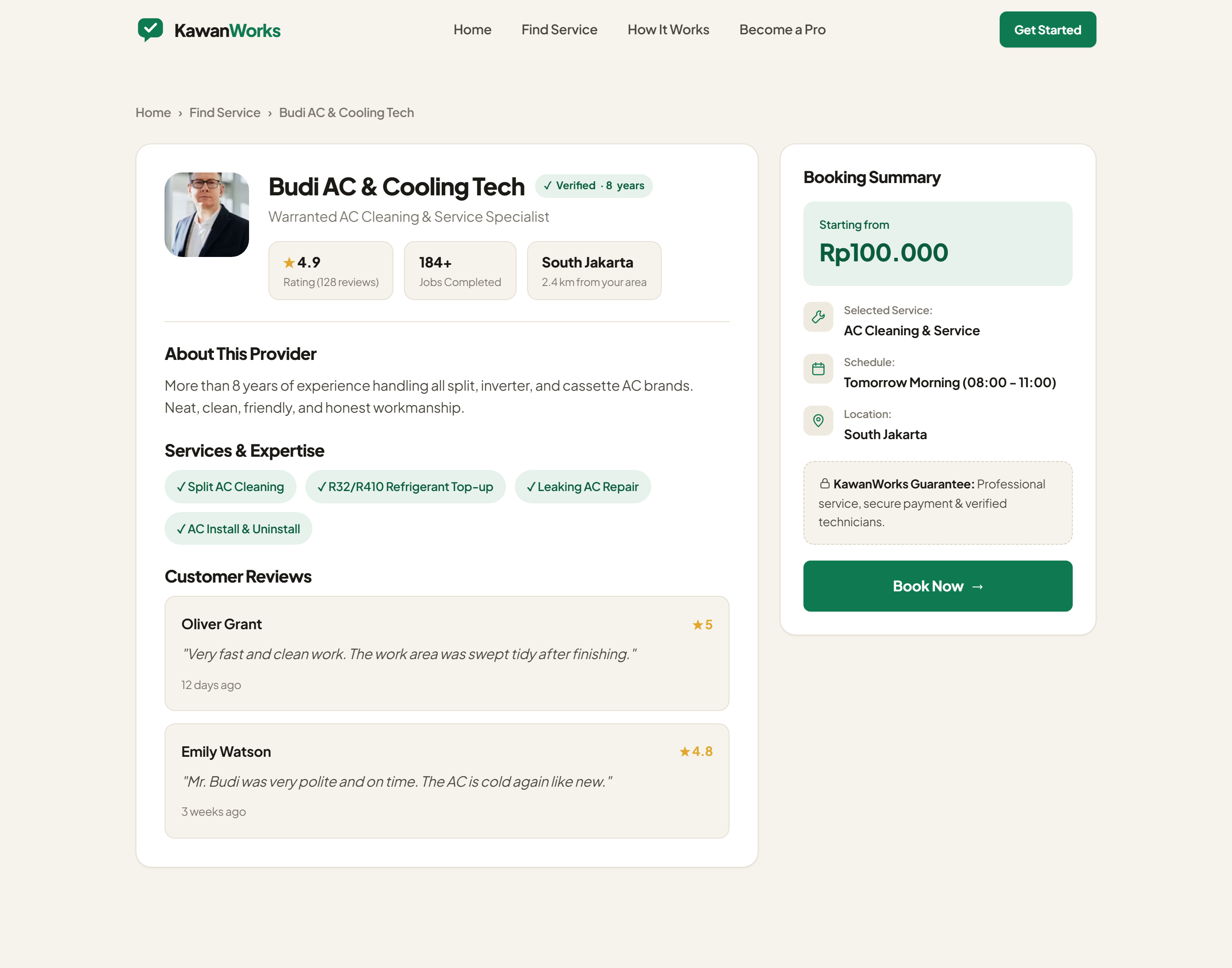 Provider profile with rating, jobs completed, services, reviews, and a booking summary